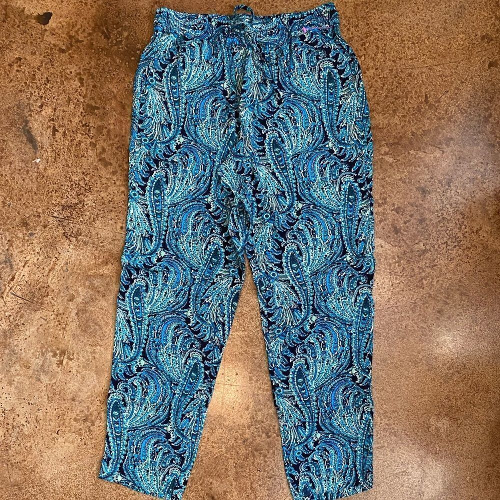 TALBOTS petite teal paisley drawstring cropped wide leg pants